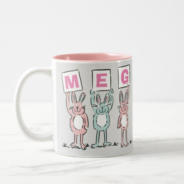 3 Letter Name Fun Rabbits Design Two-Tone Coffee Mug (Left)