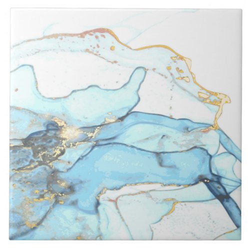 3Liquid ocean blue and gold marble texture Ceramic Tile