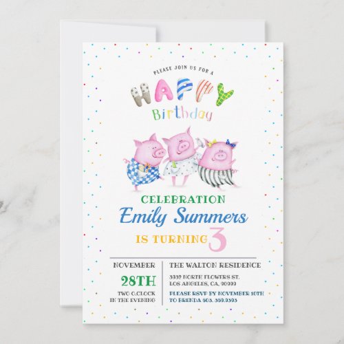3 little baby pigs Happy Birthday cute typography Holiday Card
