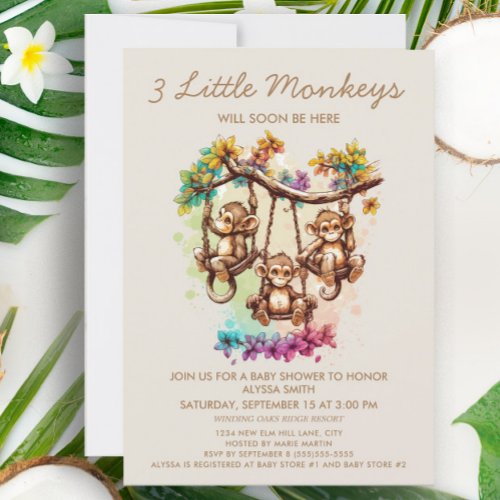 3 Little Monkeys Triplet Baby Shower Invitation
