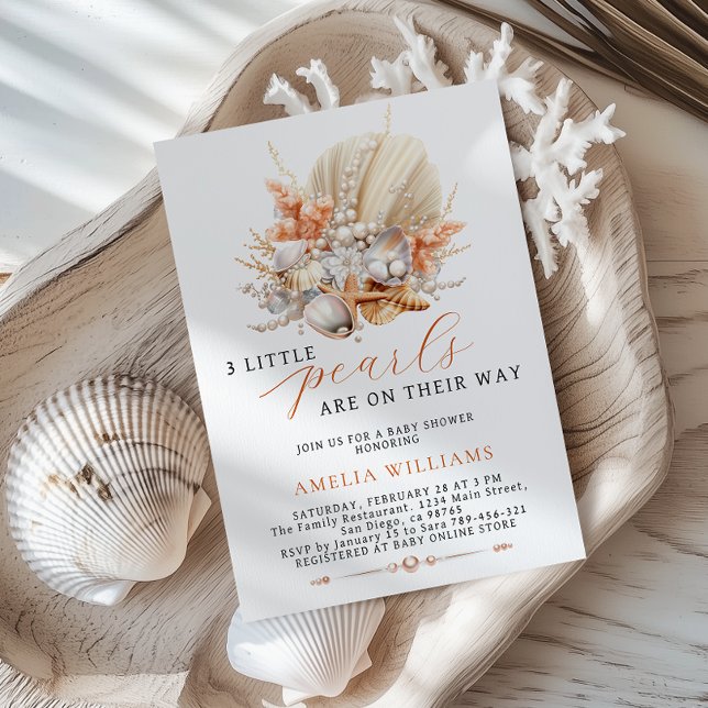 3 Little Pearls are on Their Way Baby Shower Invitation (Creator Uploaded)