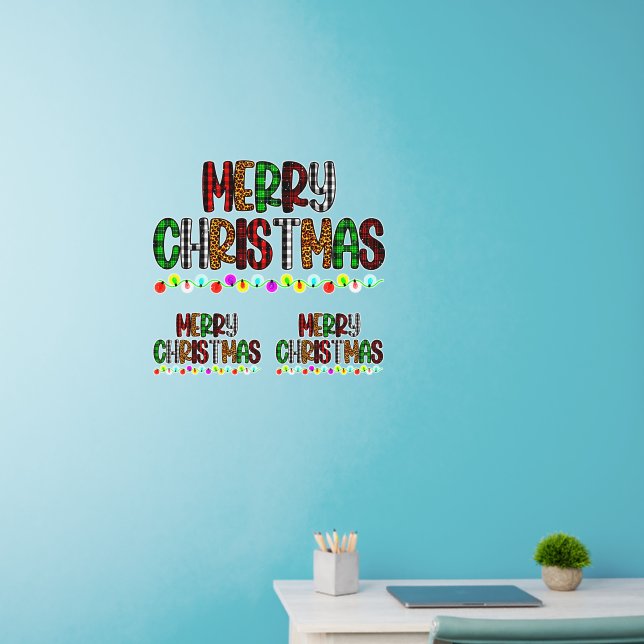 3 Merry Christmas Red Green Tartan, Lights, 24" sq Wall Decal (Home Office)