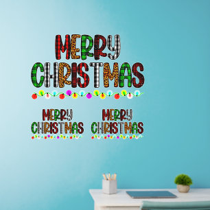 3 Merry Christmas Red Green Tartan, Lights, 36" sq Wall Decal