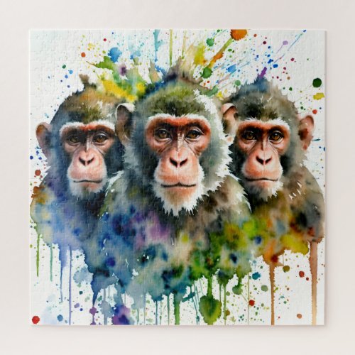 3 Monkeys Colorful Watercolor Art Jigsaw Puzzle
