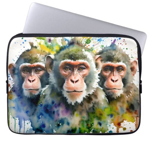 3 Monkeys Colorful Watercolor Art Laptop Sleeve