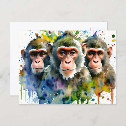 3 Monkeys Colorful Watercolor Art Postcard