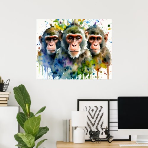 3 Monkeys Colorful Watercolor Art Poster