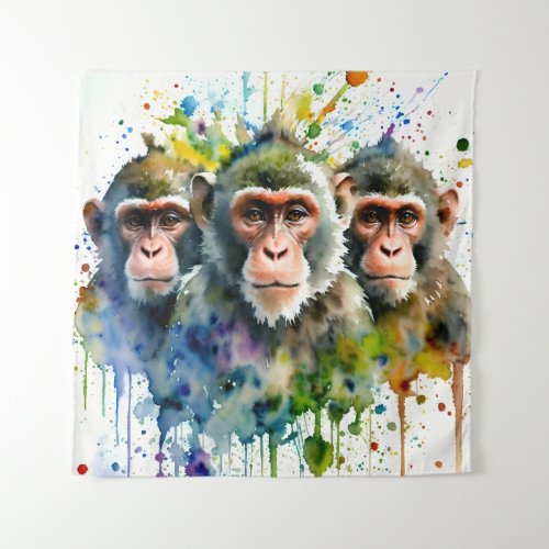 3 Monkeys Colorful Watercolor Art Tapestry