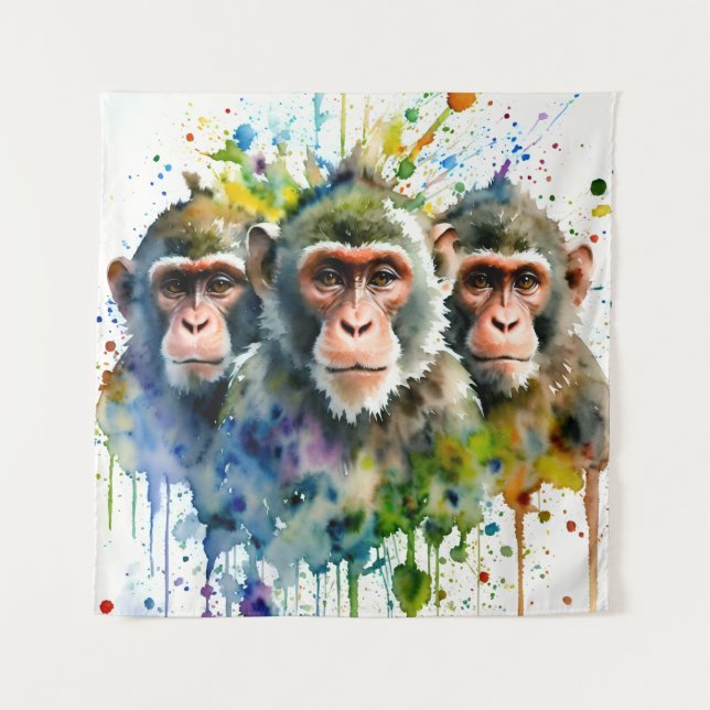 3 Monkeys Colorful Watercolor Art Tapestry (Front)