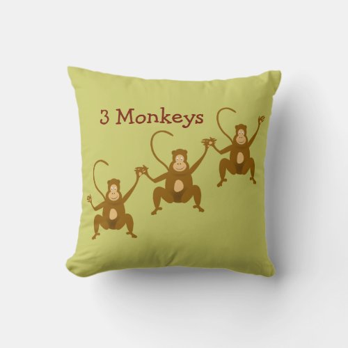3 Monkeys Cute Cartoon Zoo or Jungle Animals Throw Pillow