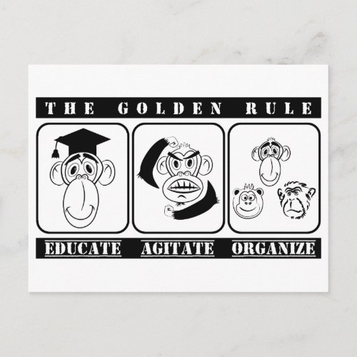 3 monkeys educate agitate organize postcard