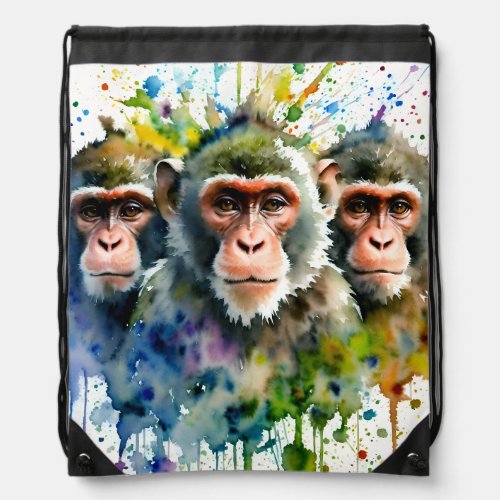 3 Monkeys Multicolor Watercolor Art Drawstring Bag