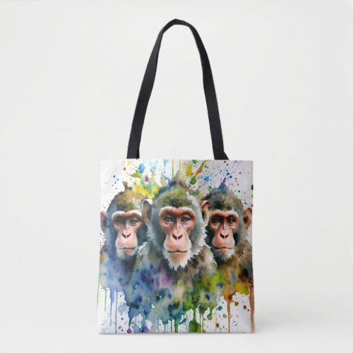 3 Monkeys Multicolor Watercolor Art Tote Bag
