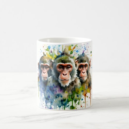 3 Monkeys Watercolor Multicolor Art Coffee Mug