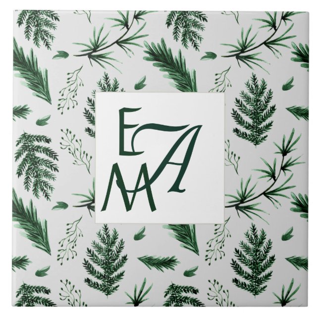 3 Monogram Forest Green Leaves Home Decor Newlywed Ceramic Tile (Front)
