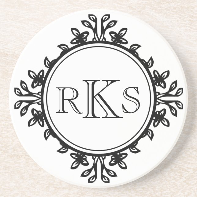 3 monogram royal letter black white leaf border drink coaster (Front)