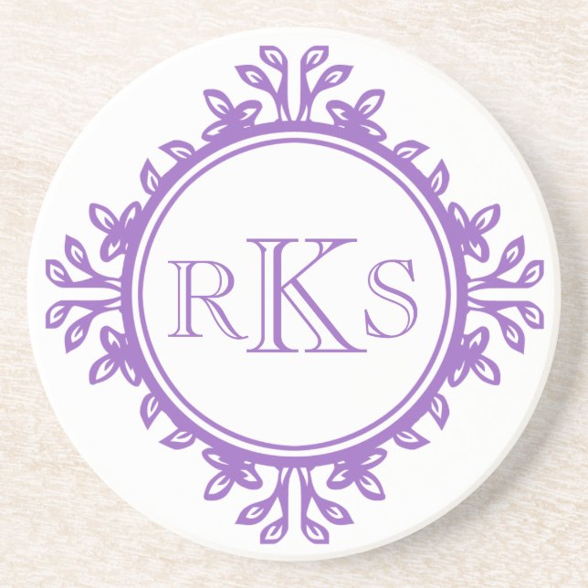3 monogram royal letter purple violet leaf border sandstone coaster (Front)