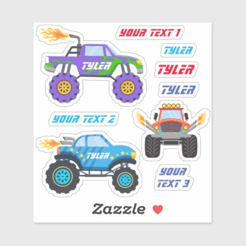 3 Monster Trucks With Flames Names  Text Lines Sticker