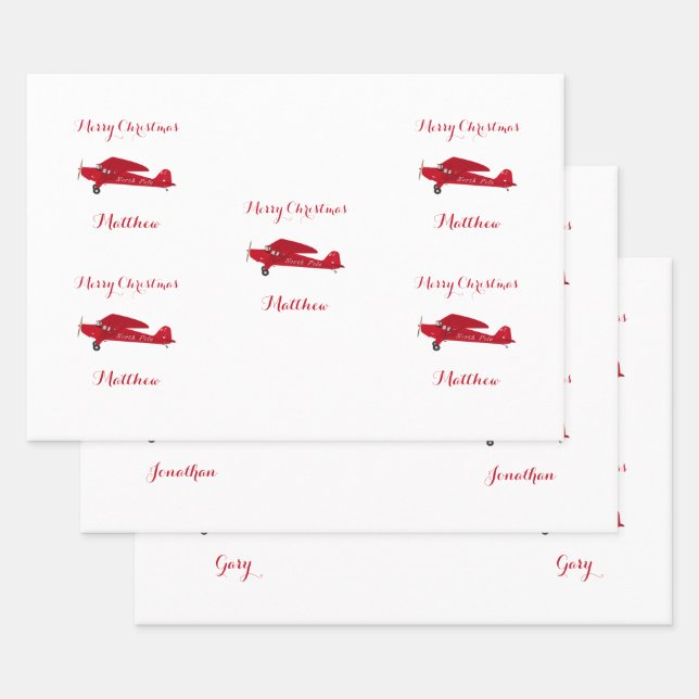 3 Name Set Merry Christmas Personalized Airplane Wrapping Paper Sheets (Set)
