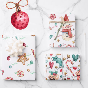 3 Names Cute Christmas Snowman & Sweets Wrapping Paper Sheets