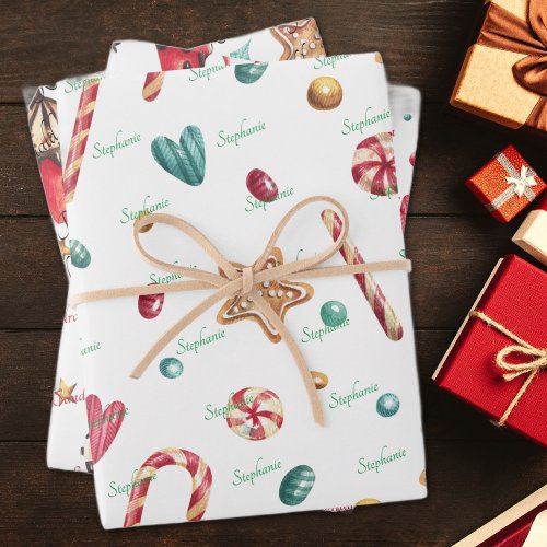 3 Names Cute Christmas Snowman  Sweets Wrapping Paper Sheets