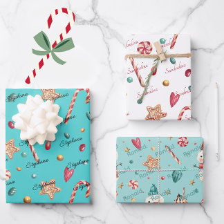 3 Names Cute Matching Christmas Candy 19x29 Wrapping Paper Sheets