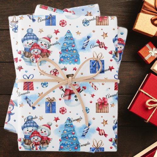 3 Names Matching Blue Red 19x29 Winter Holiday Wrapping Paper Sheets