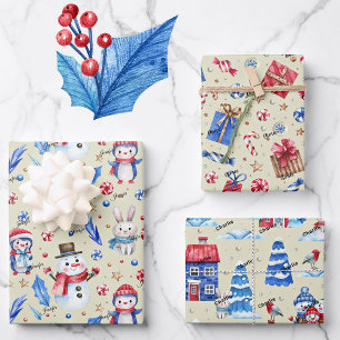 3 Names, Penguins Mice Rabbits Blue Red Holiday Wrapping Paper Sheets