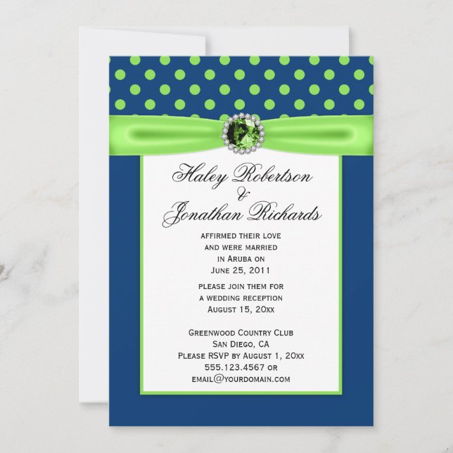 #3 Navy Blue and Lime Green Polka Dots Wedding Invitation (Front)