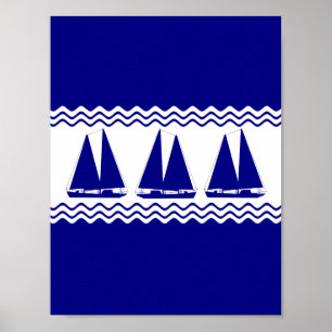 3 Navy Blue And White Coastal Decor Sailboats