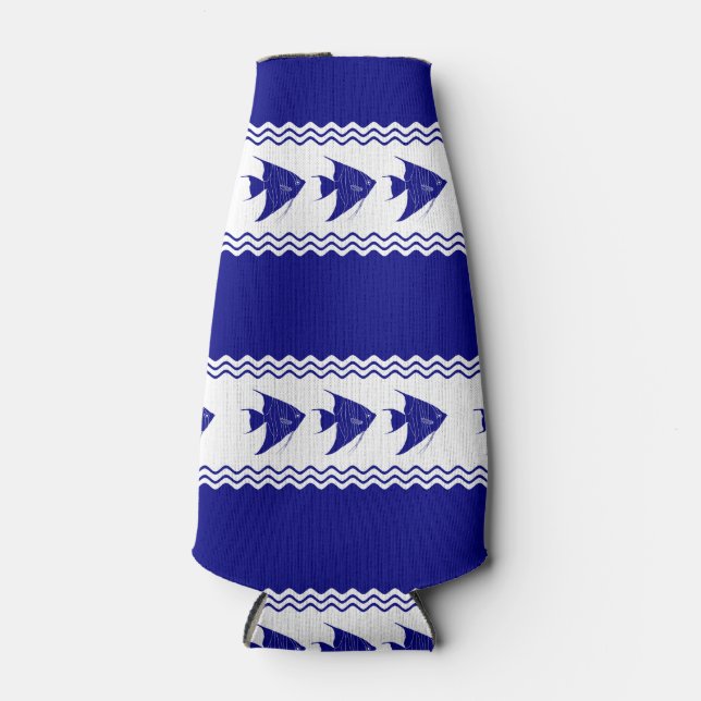 3 Navy Blue And White Coastal Pattern Angelfish Bottle Cooler (Front)