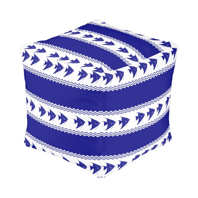 3 Navy Blue And White Coastal Pattern Angelfish Pouf (Angled Front)