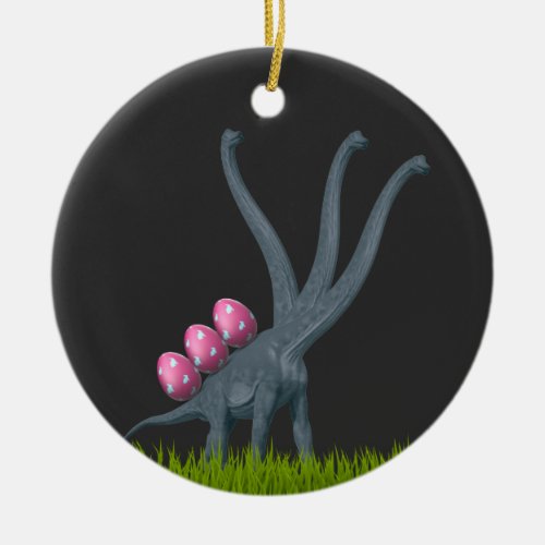 3_necked Dinosaur with 3 Easter Eggs dark  Ceramic Ornament