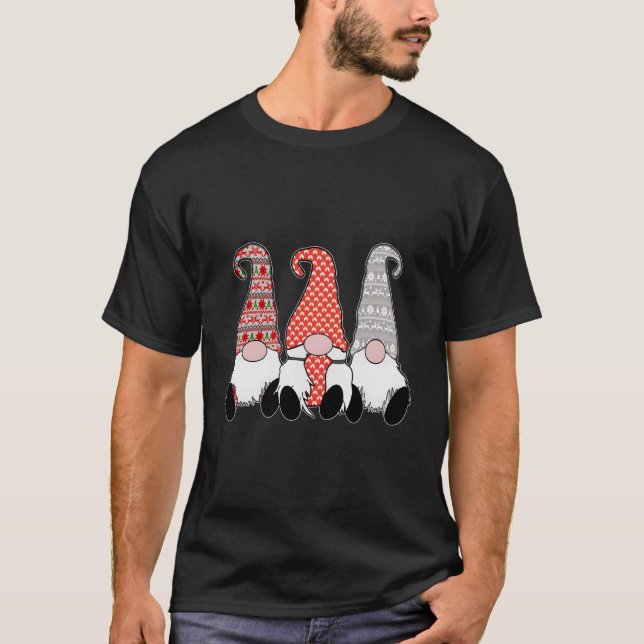 3 Nordic Gnomes Swedish Lady Tomte Nisse Gray Red T-Shirt (Front)