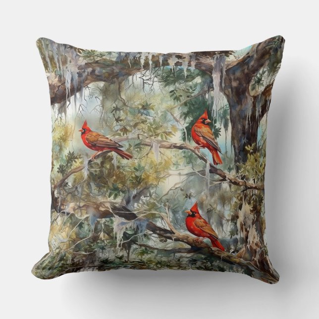 3 Northern Cardinals in Tree Throw Pillow (Front)