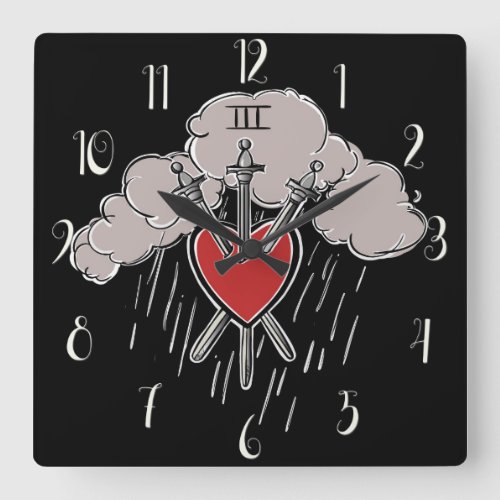 3 of Swords Love Heart Tarot Illustration Square Wall Clock