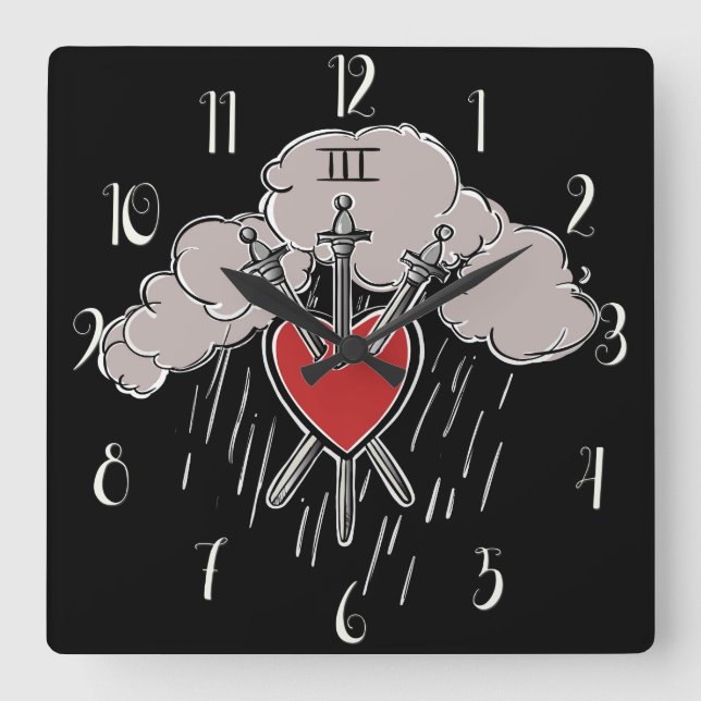 3 of Swords Love Heart Tarot Illustration Square Wall Clock (Front)