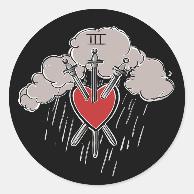 3 of Swords Love Heart Tarot Illustration Three Classic Round Sticker (Front)