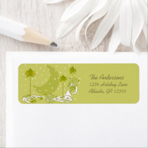 3 Olive Christmas Trees Moon Swirls Return Address Label