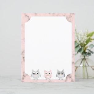 3 Owls Pink Marble Design Bordered Writing Paper