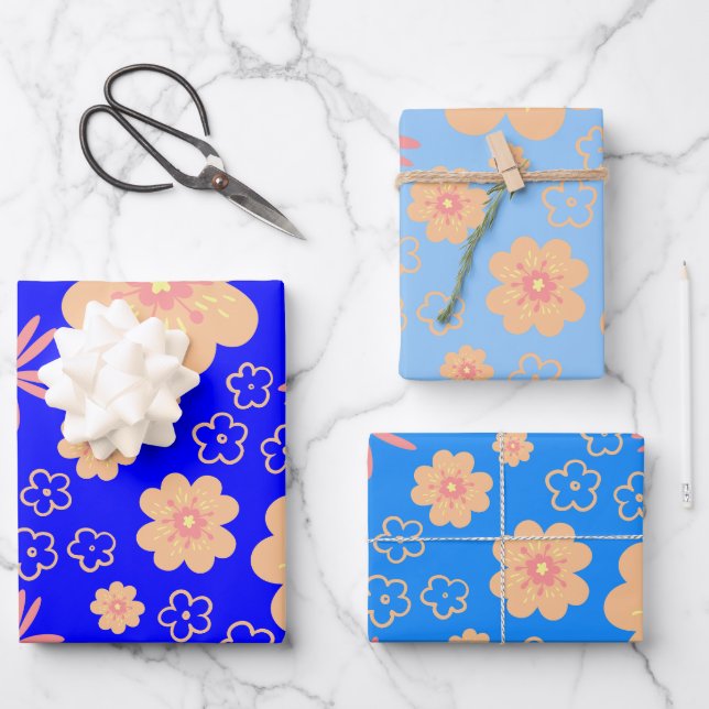 3 Pack Blue Orange Floral Pattern Wrapping Paper Sheets (Front)