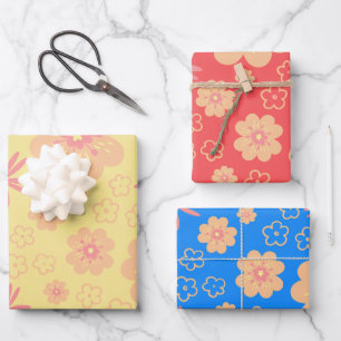 3 Pack Colorful Retro Floral Pattern Wrapping Paper Sheets