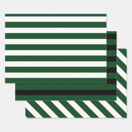 3 Pack Dark Green  White Black Stripes Christmas Wrapping Paper Sheets