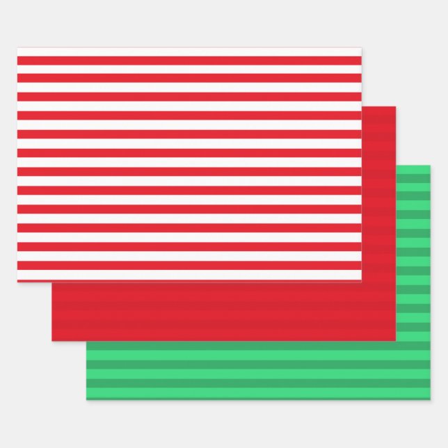 3 Pack Green, Red & White Stripes Christmas Wrapping Paper Sheets (Set)