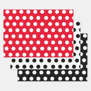 3 Pack: Polka Dots on White & Black & Red Wrapping Paper Sheets