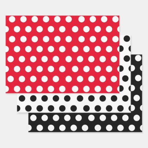 3 Pack Polka Dots on White  Black  Red Wrapping Paper Sheets