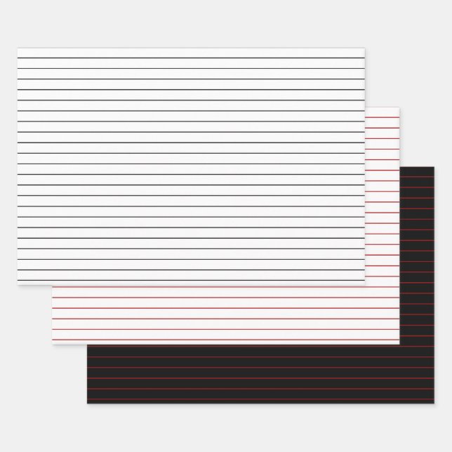 3 Pack: Thin White, Black, & Red Stripes Christmas Wrapping Paper Sheets (Set)