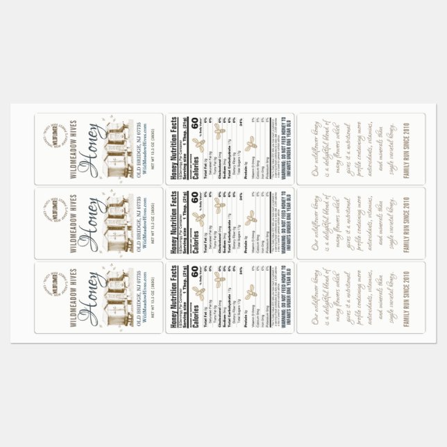 3 PANEL Hexagon Jar Honey Label 2.6" x 1.5" (Sheet)