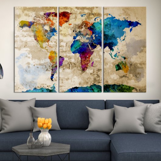 3 Panel Wrapped Watercolor World Map Canvas (Front)