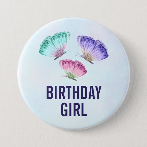 3 Pastel Watercolor Butterflies Birthday Girl Button